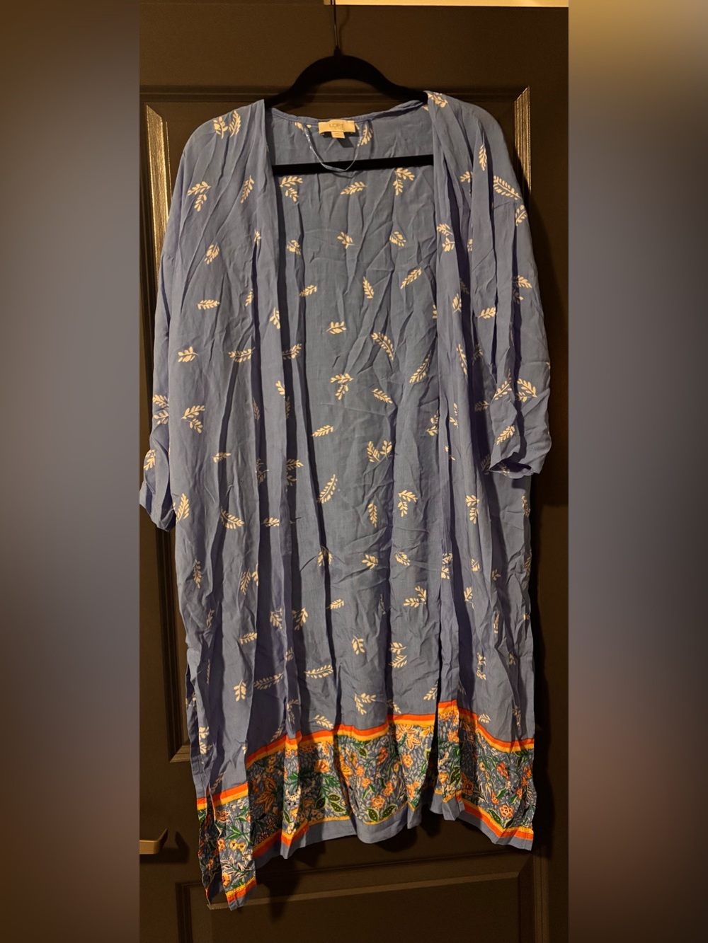 LOFT Blue Printed Long Sleeve Kimono with Multicolor Border